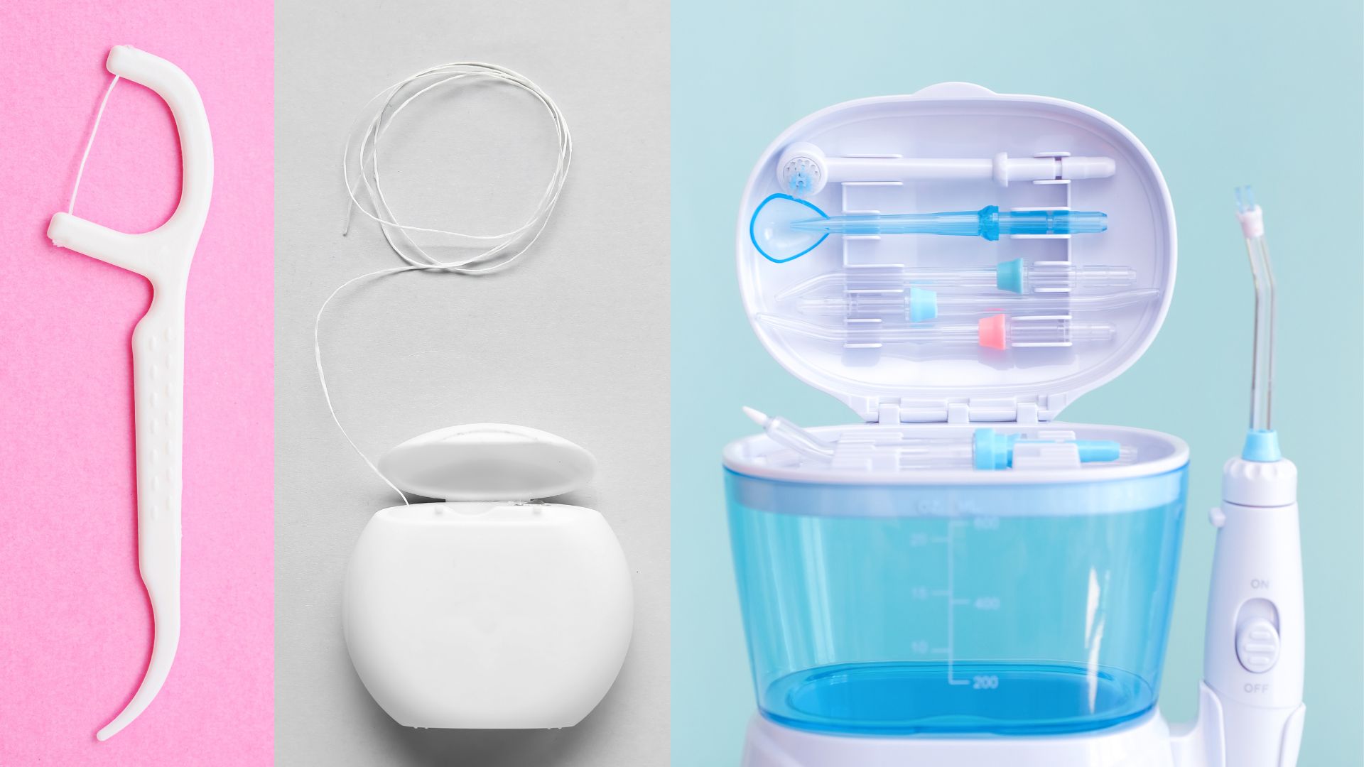 Three dental cleaning tools: a floss pick, a spool of dental floss, and an open water flosser with various nozzle attachments displayed, all set against colored backgrounds.