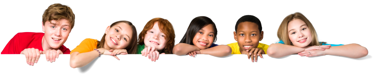 Six children of diverse backgrounds smile and lean forward against a white background, each resting their arms on a white surface.