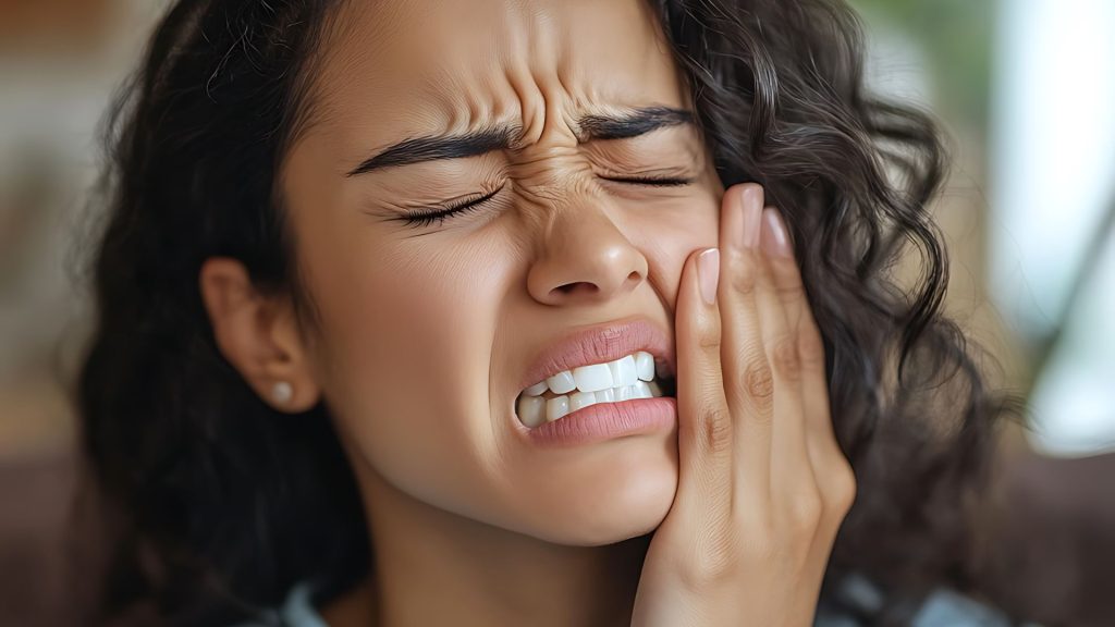 A person with curly hair winces in pain, eyes closed, and holds their cheek, possibly experiencing a toothache or jaw discomfort.