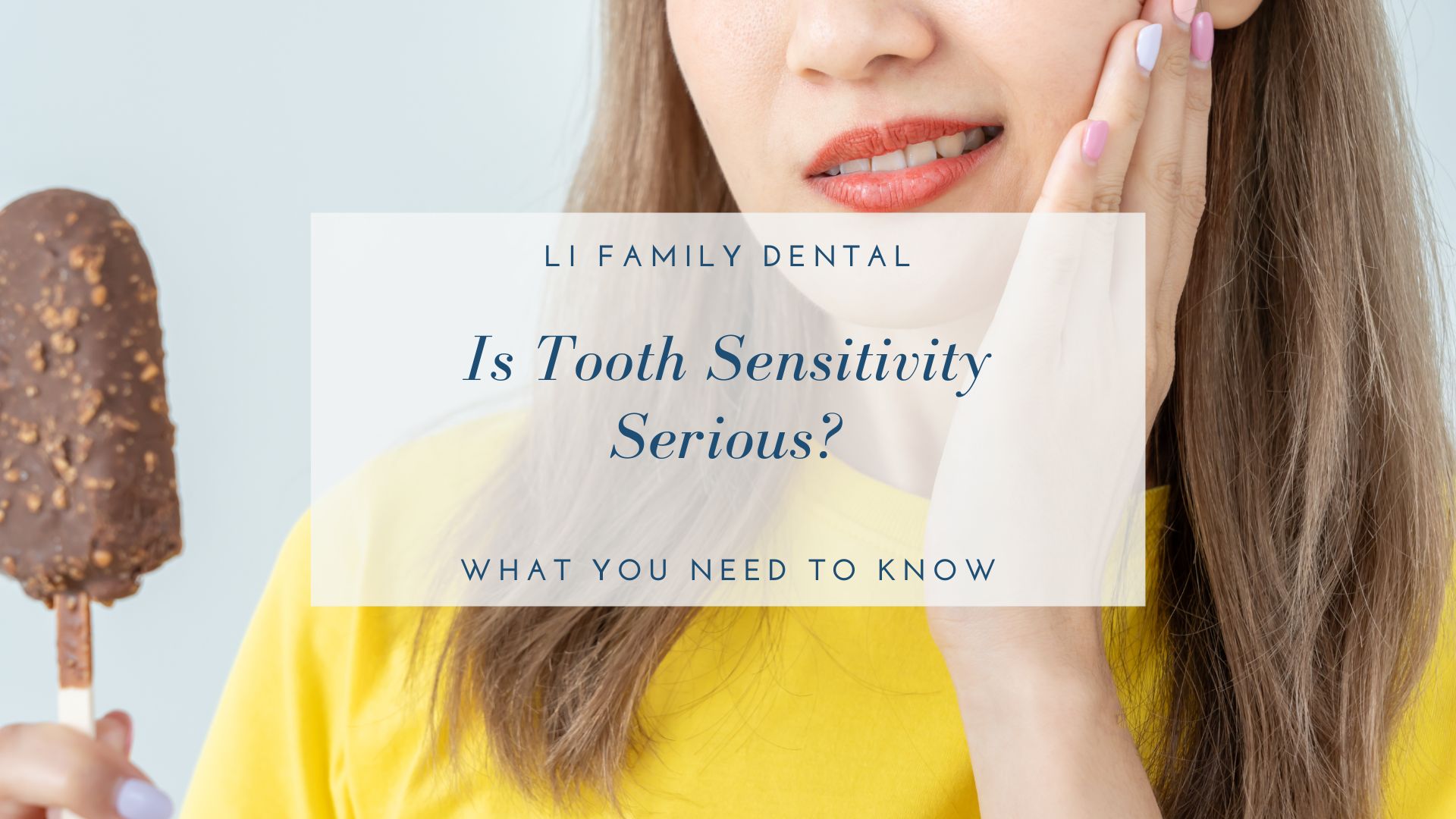 Woman holding her cheek in discomfort while holding an ice cream bar, with text asking if tooth sensitivity is serious.