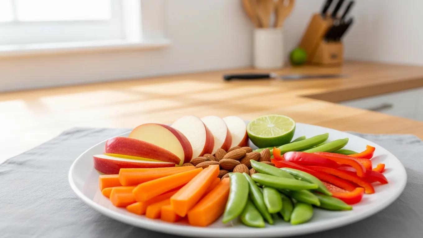 Healthy meal with crunchy fruits and vegetables promoting oral health and tartar prevention