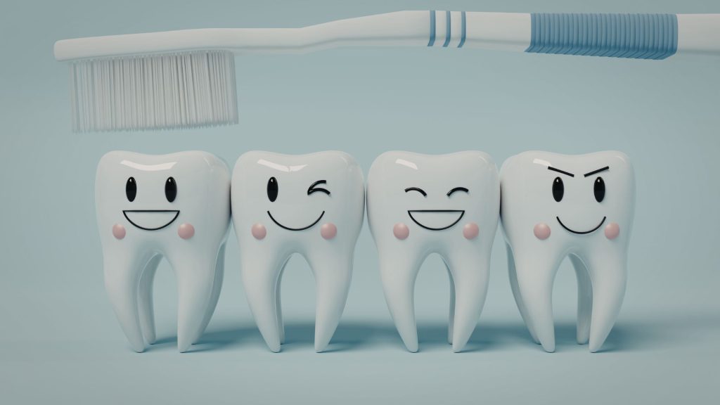 How to reduce tooth sensitivity. Four cartoon teeth with different facial expressions stand in a row, with a toothbrush held above them against a light blue background.