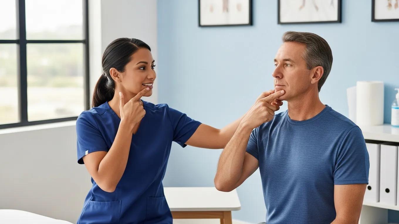 Physical therapist assisting patient with jaw exercises