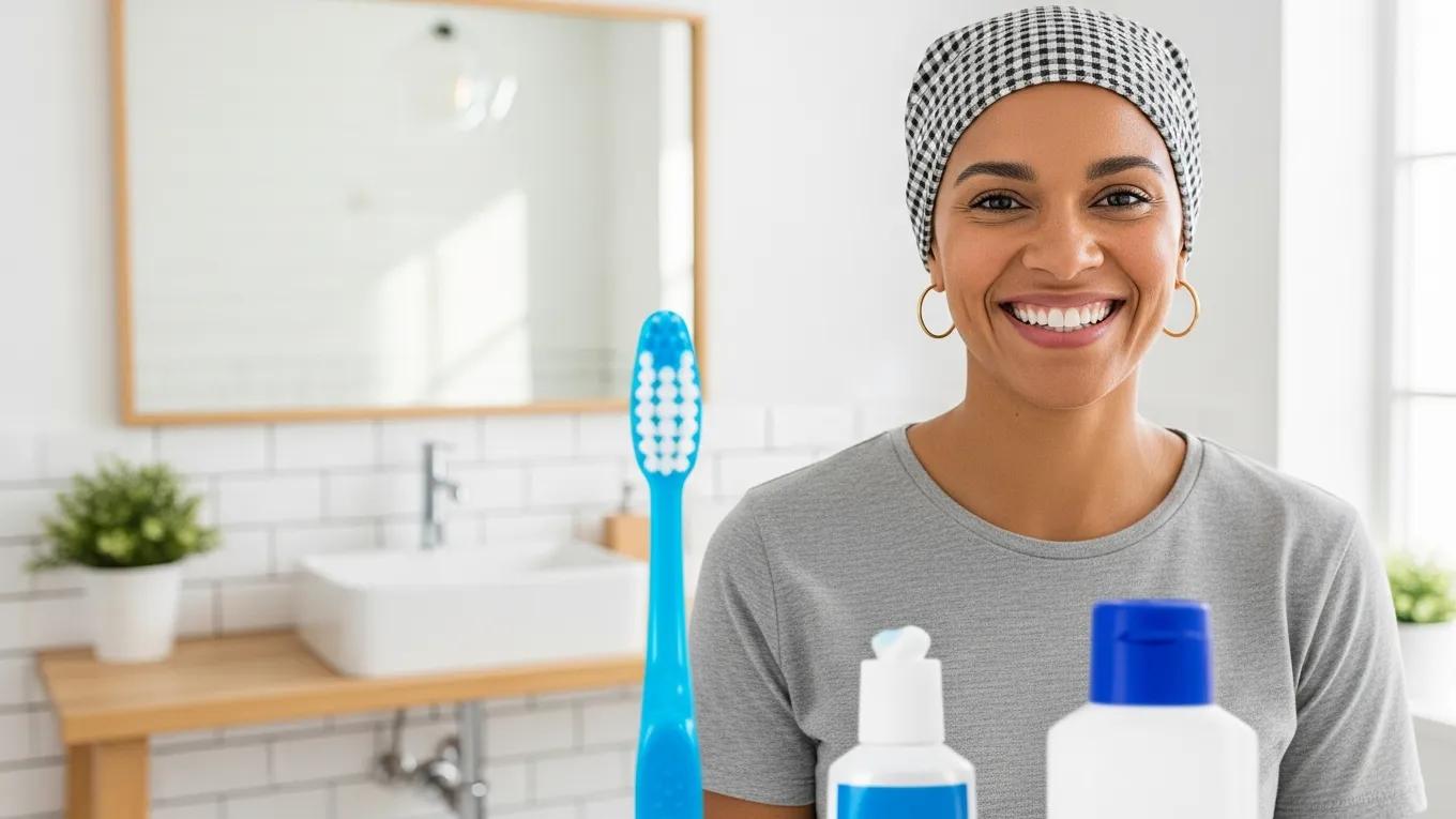 Smiling person showcasing healthy teeth with toothbrush and toothpaste in a modern bathroom