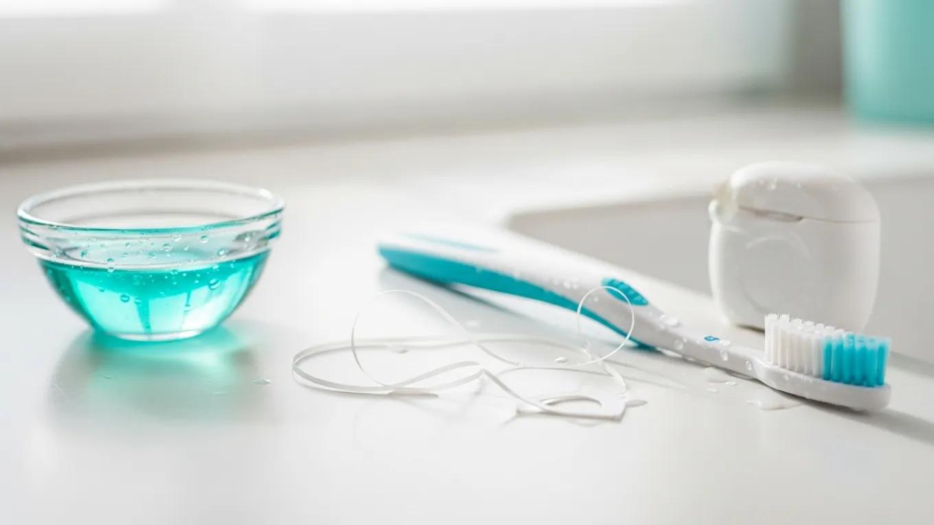 Toothbrush, dental floss, and mouthwash on a bathroom counter emphasizing oral hygiene methods