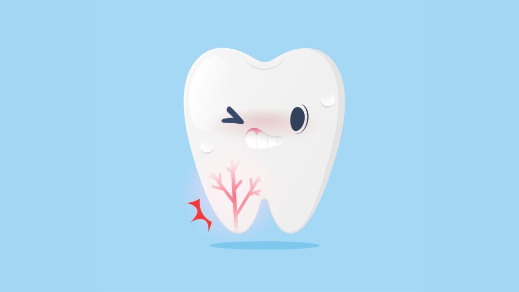 What causes tooth sensitivity? Illustration of a cartoon tooth winking with a visible root, red lightning symbol on one side, and a blush, indicating tooth pain or sensitivity. Blue background.