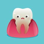 Illustration of a tooth with sad facial expression and red, swollen gums, depicting symptoms of gum disease on a blue background.