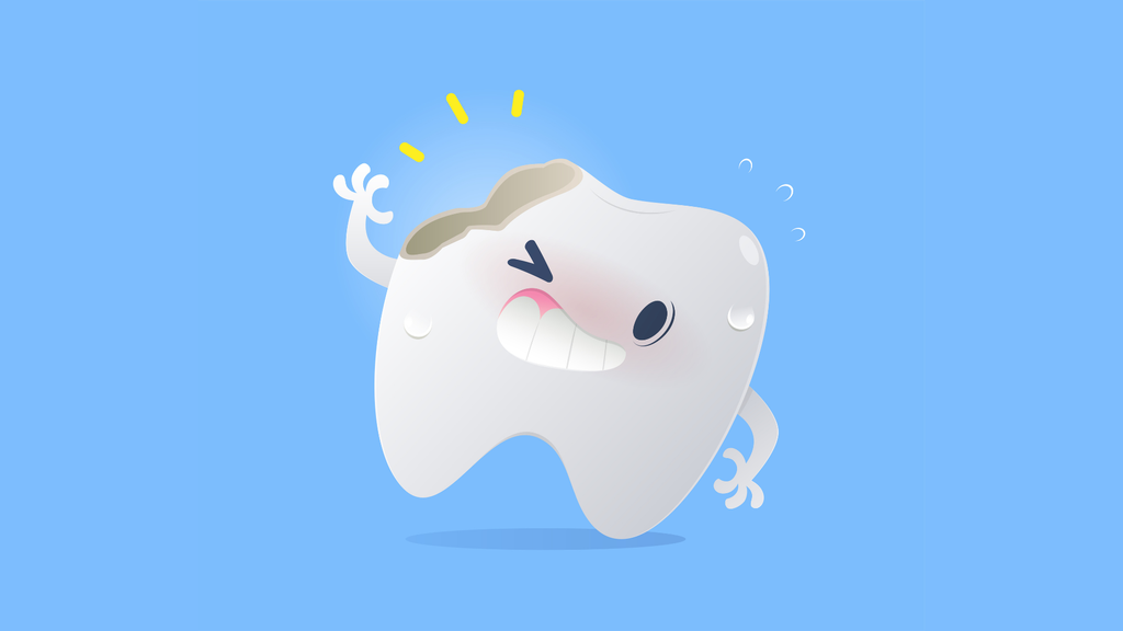 Illustration of a cartoon tooth with a large cavity, winking and holding its head as if in pain, set against a blue background.